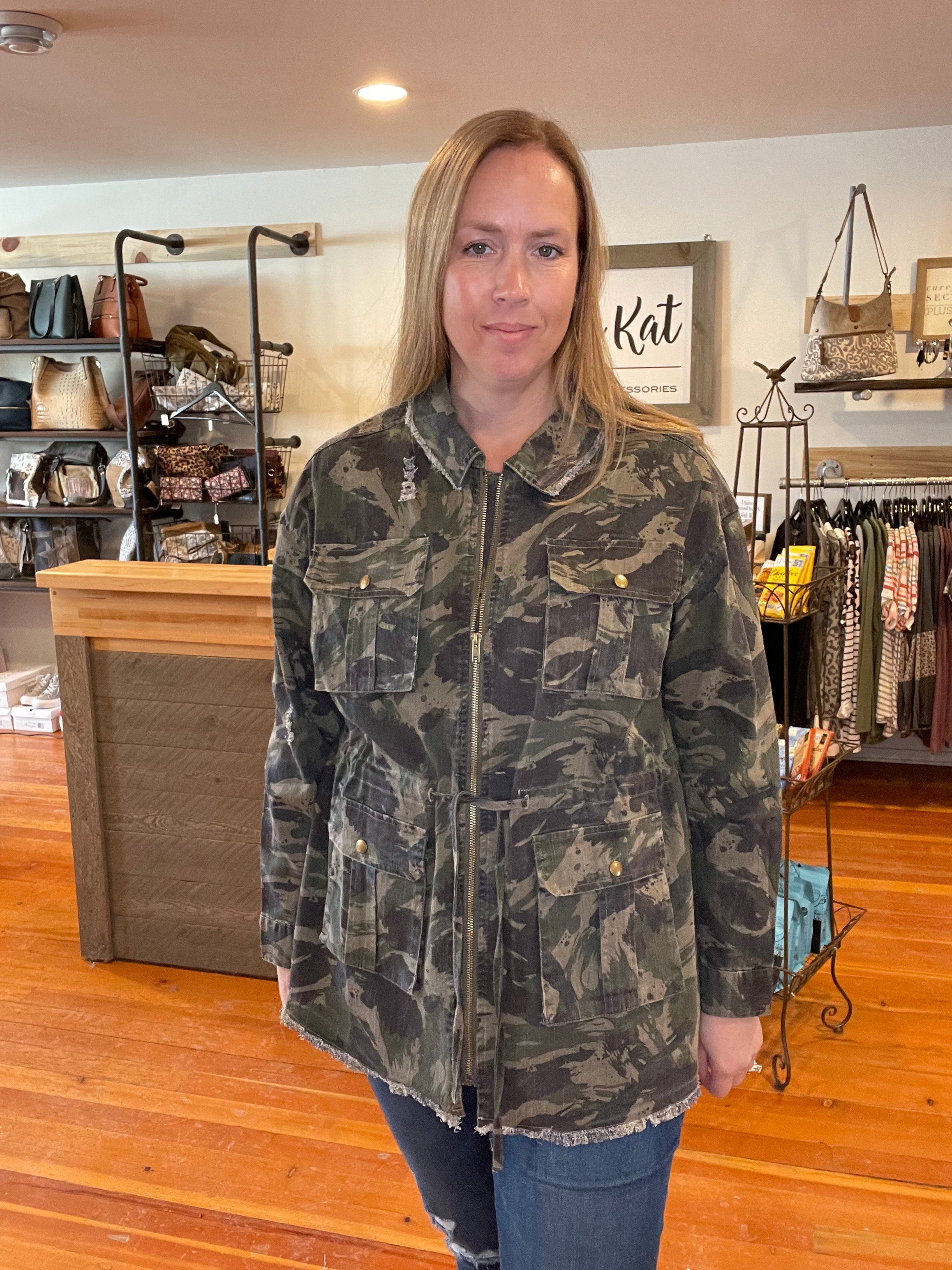 Camo Distressed Utility Jacket Sassy Kat Boutique