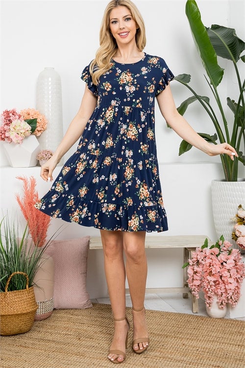 Navy Floral Short Sleeve Dress